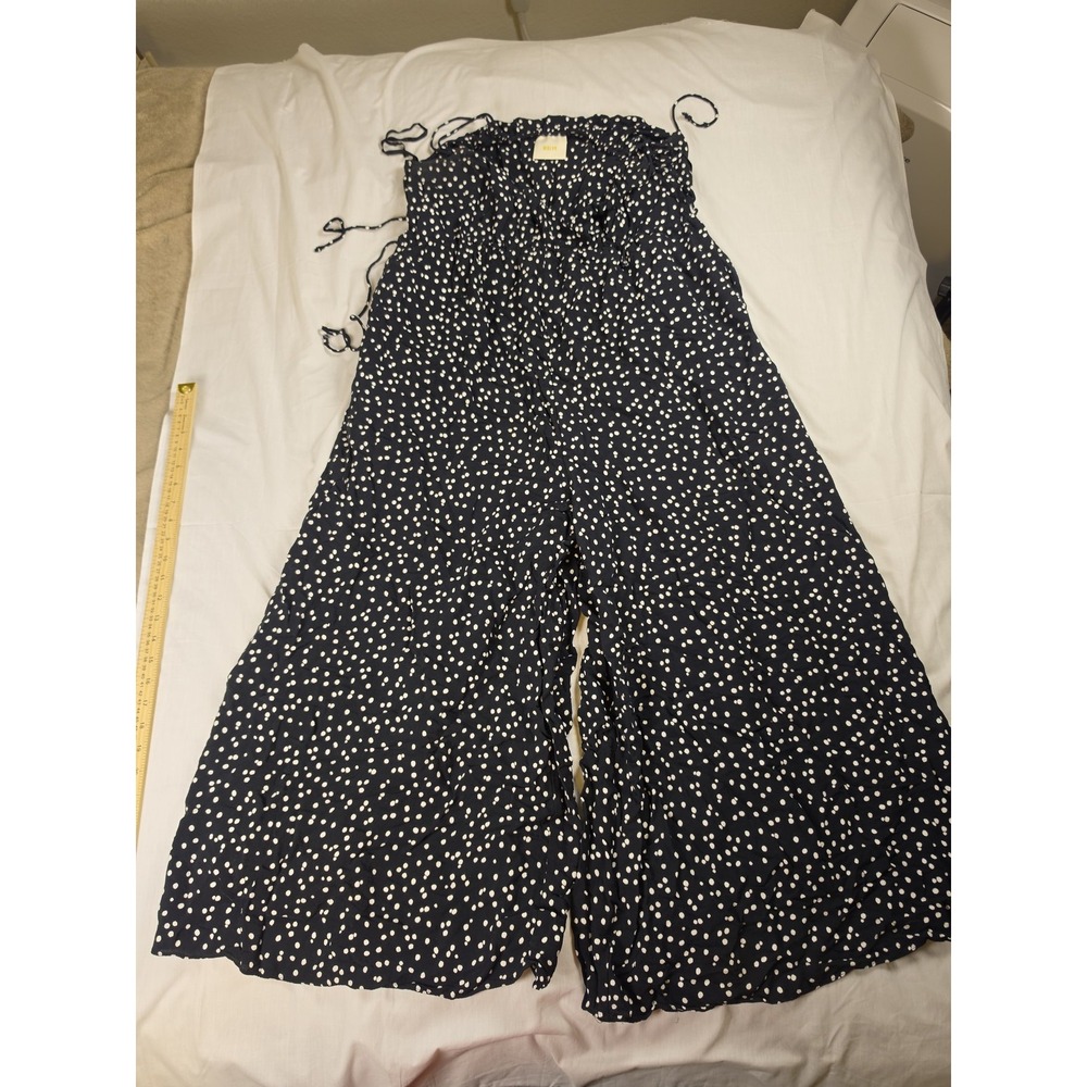 Maeve Jumpsuit Womens 10 Blue Polka Dot Wide Leg Smocked Tie Strap One Piece